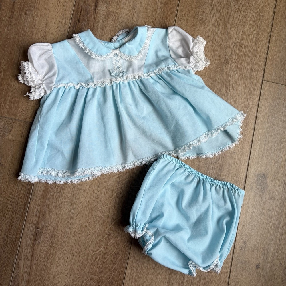 Vintage Blue 3-6M Toddle Time JCPenney Dress with Bloomers / Lace Primitive